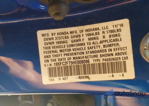 2017 Honda Civic Ex from USA, damaged, VIN 19XFC2F75HE008096